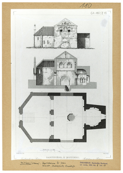 Vorschaubild Poitiers: Baptisterium, Ansicht, Querschnitt, Grundriss, nach Gailhabaud, Denkmäler Baukunst Bd. II, Tafel 15